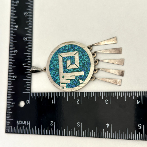 Vintage Taxco Mexico Sterling Turquoise Onyx Heavy Medallion Reversible Pendant - Picture 11 of 12